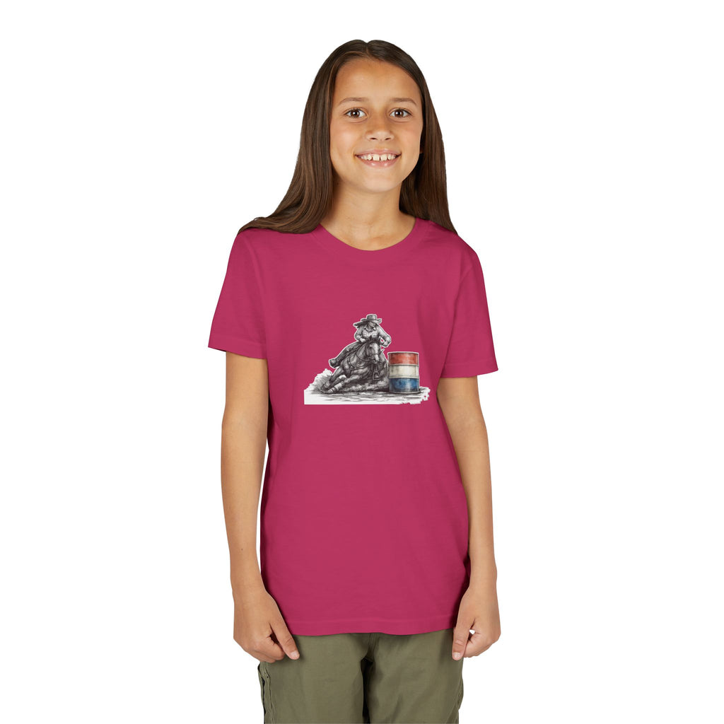 Youth Tee — Rodeo Cowgirl with Patriotic Barrel Graphic
