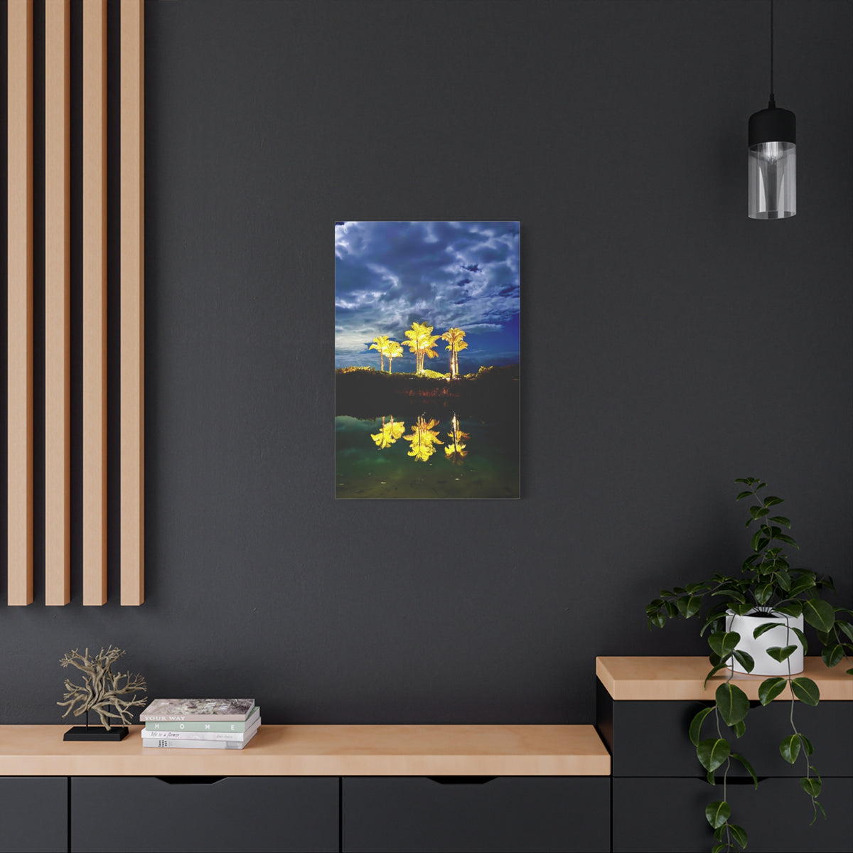 Palm Tree Reflection Matte Canvas Wall Art — Quanta Roo, Tropical Evening