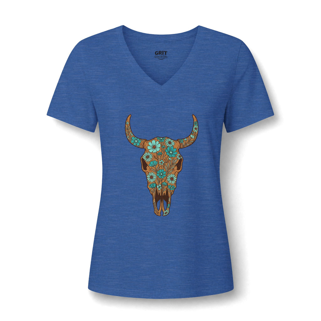 Women's V-Neck Tee — Floral Turquoise Bull Skull Graphic