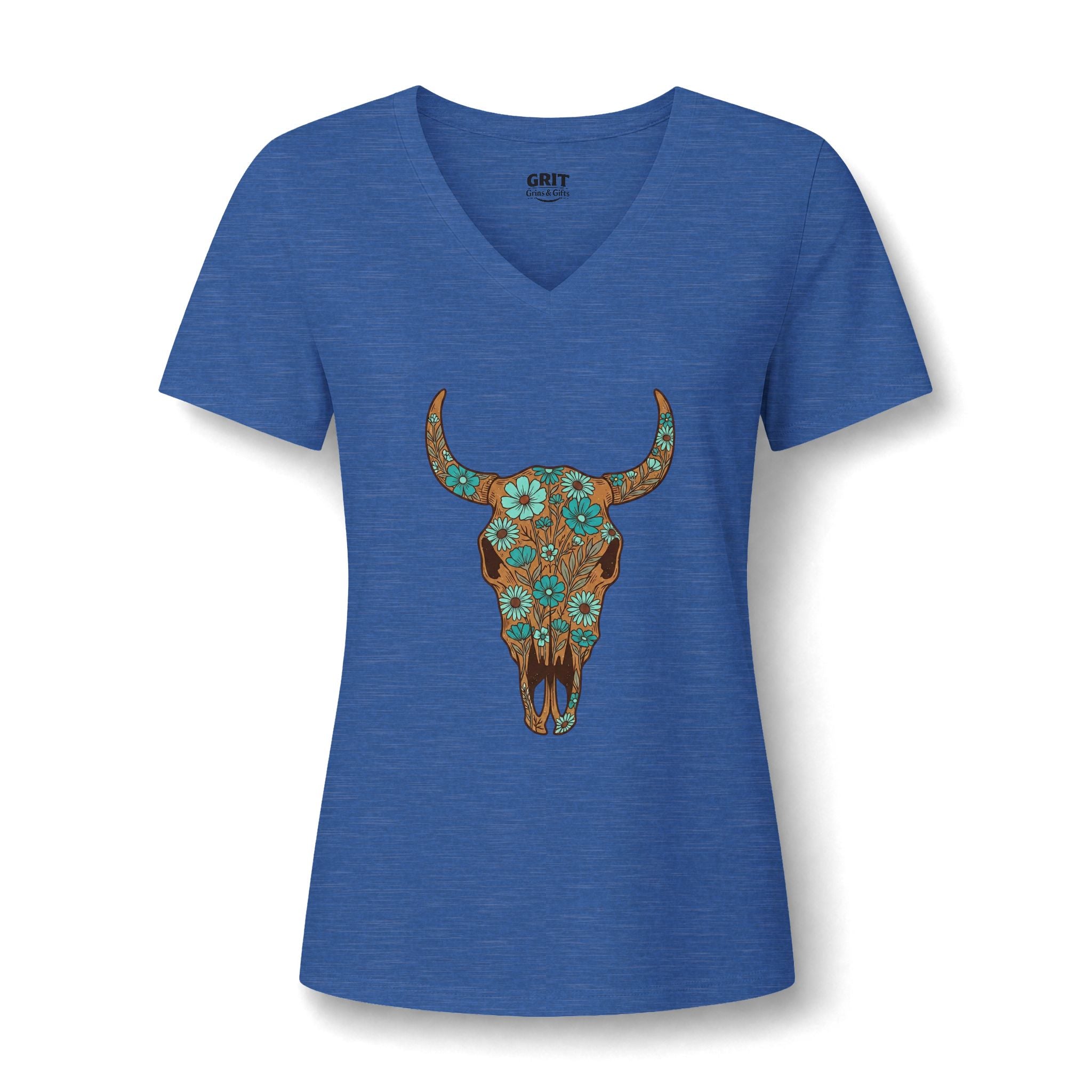 Women's V-Neck Tee — Floral Turquoise Bull Skull Graphic