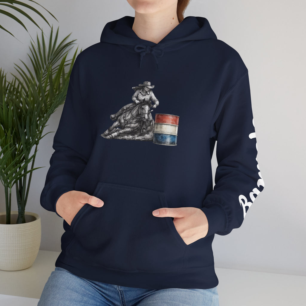 Cowgirl Barrel Racing Hoodie — Western Rodeo Pullover with 'barrels' Sleeve Text
