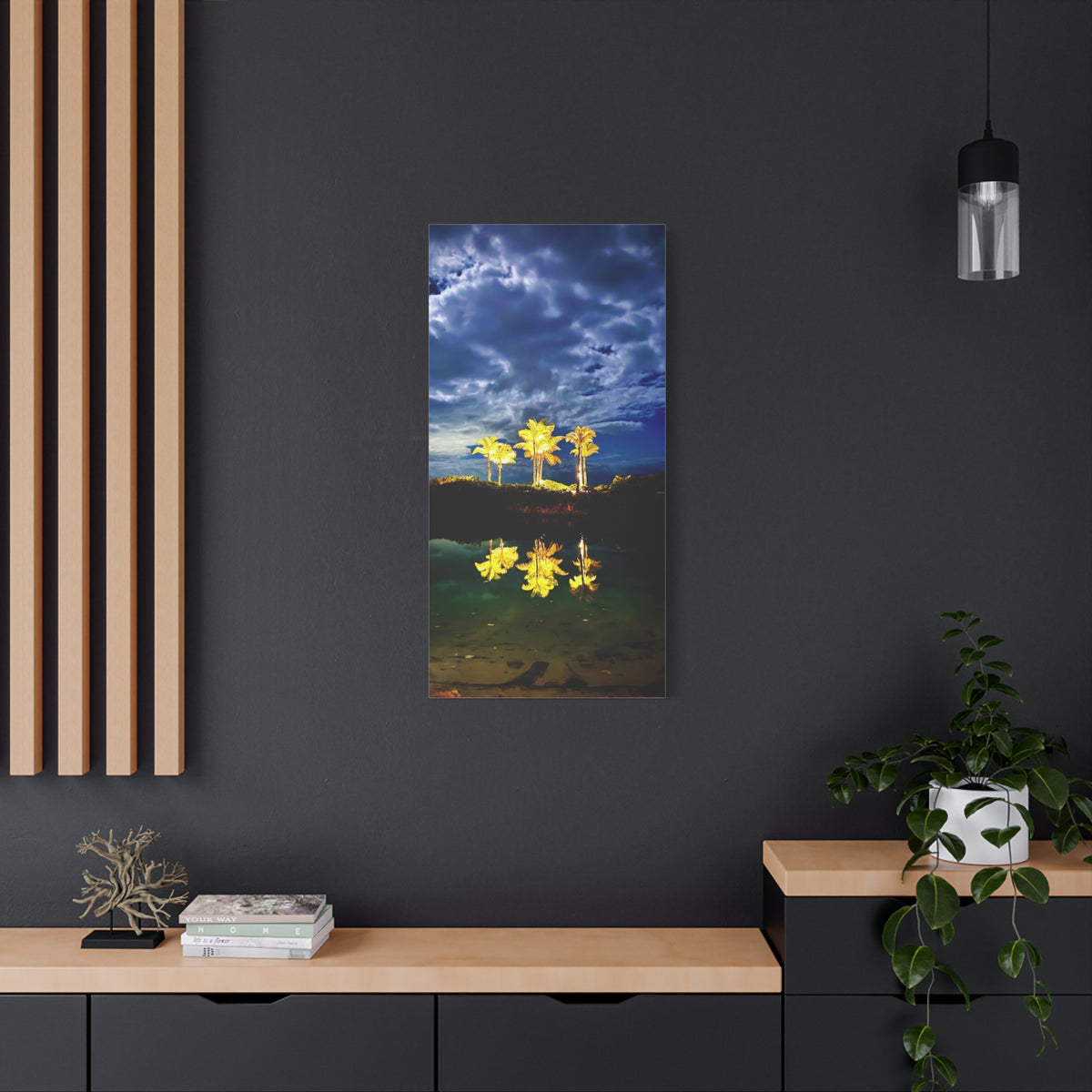 Palm Tree Reflection Matte Canvas Wall Art — Quanta Roo, Tropical Evening