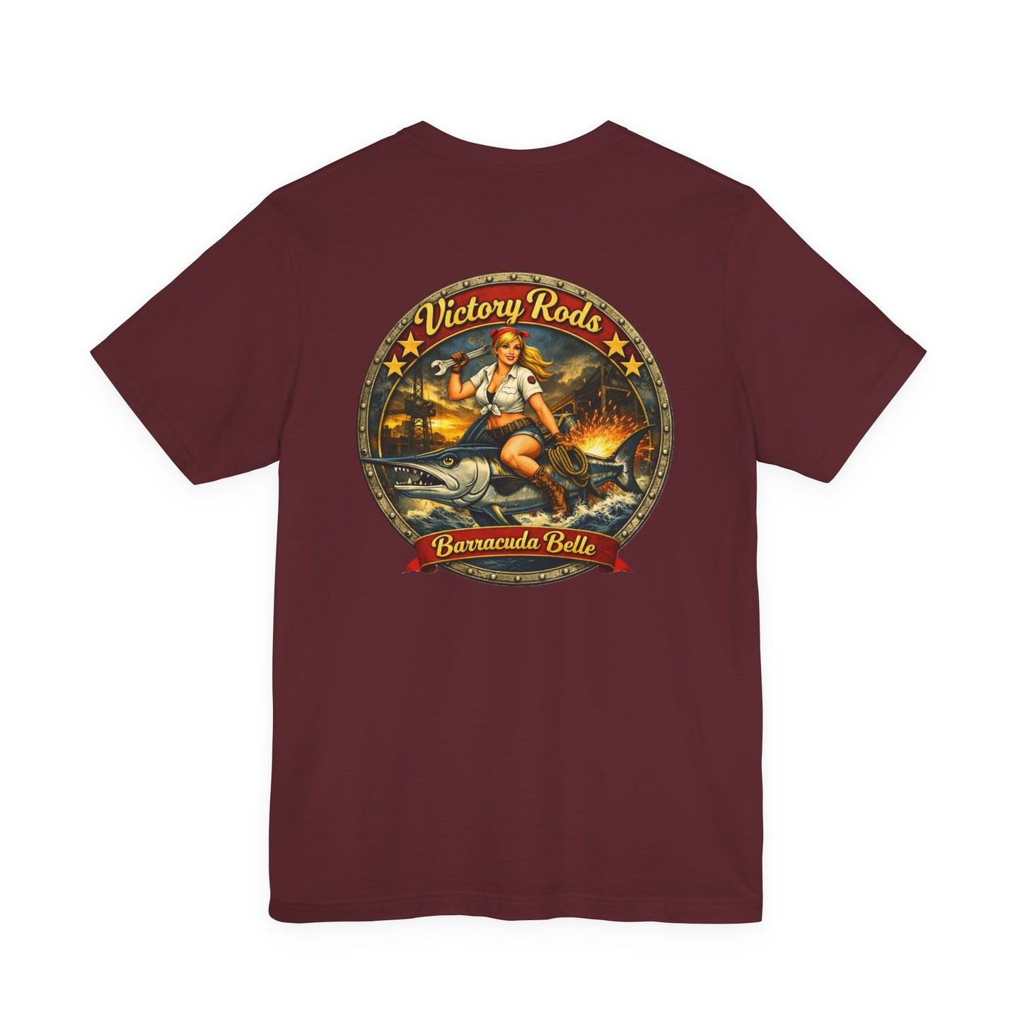 Barracuda Belle Vintage Pinup Tee — Victory Rods Motorcycle T‑Shirt
