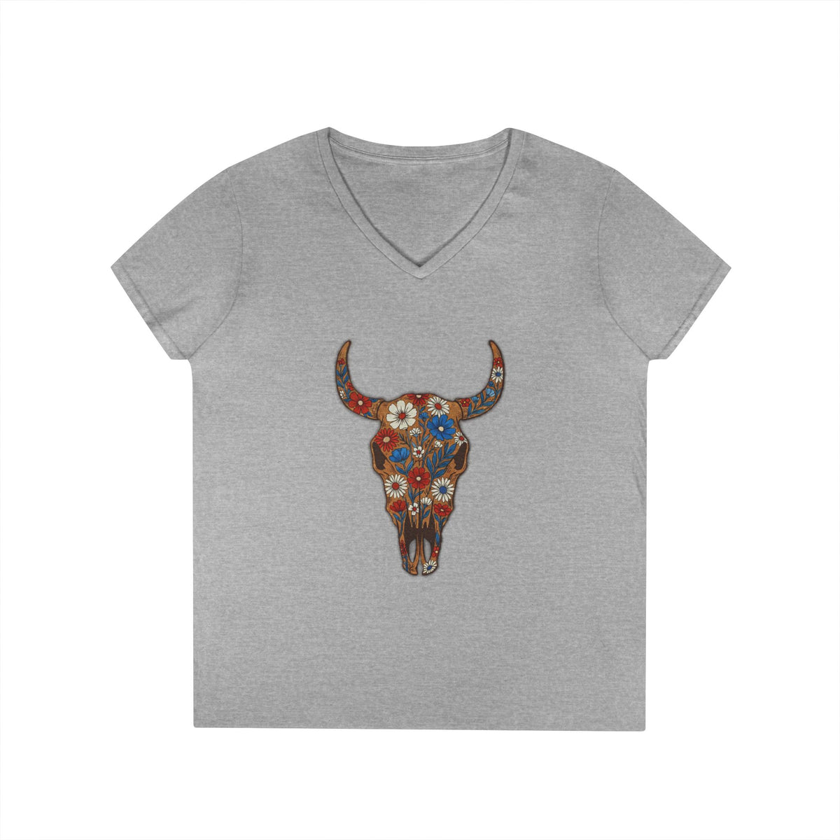 Floral Bull Skull V-Neck Tee