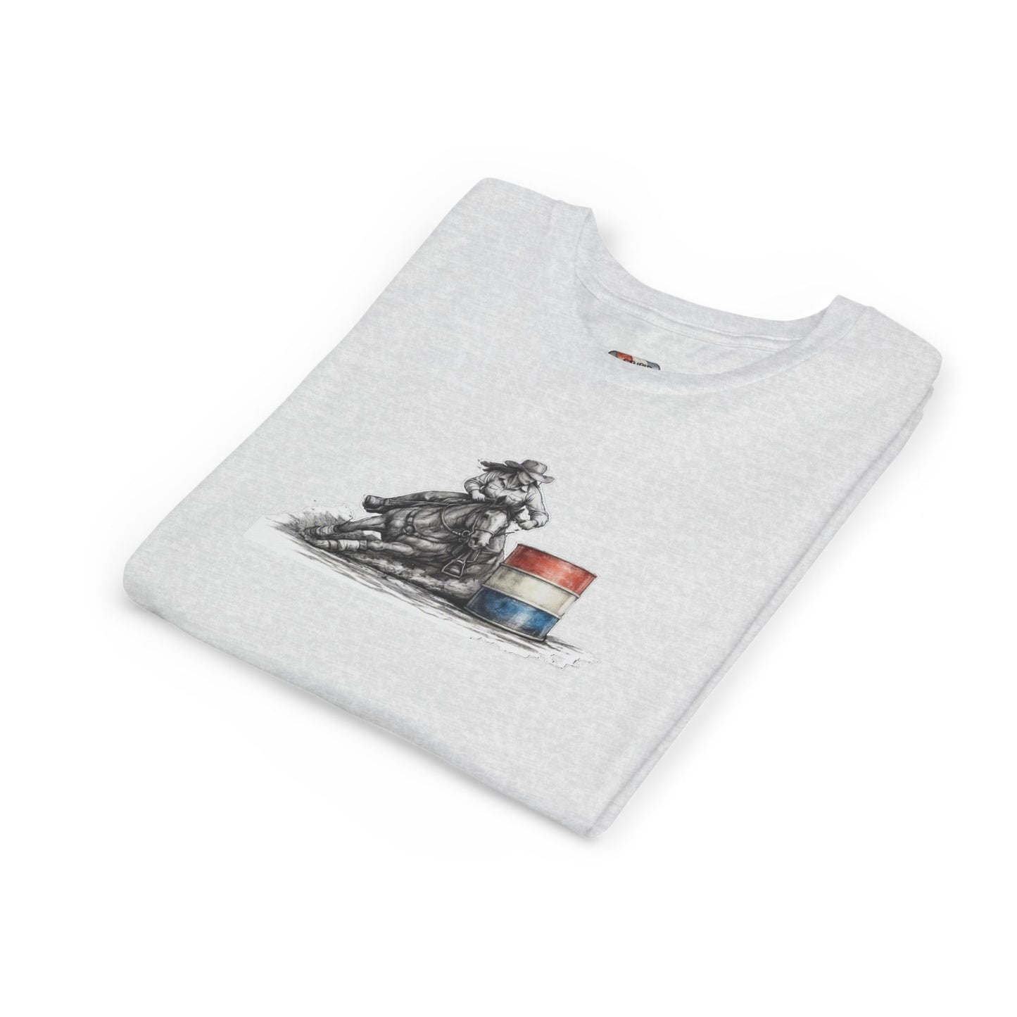 Youth Tee — Rodeo Cowgirl with Patriotic Barrel Graphic