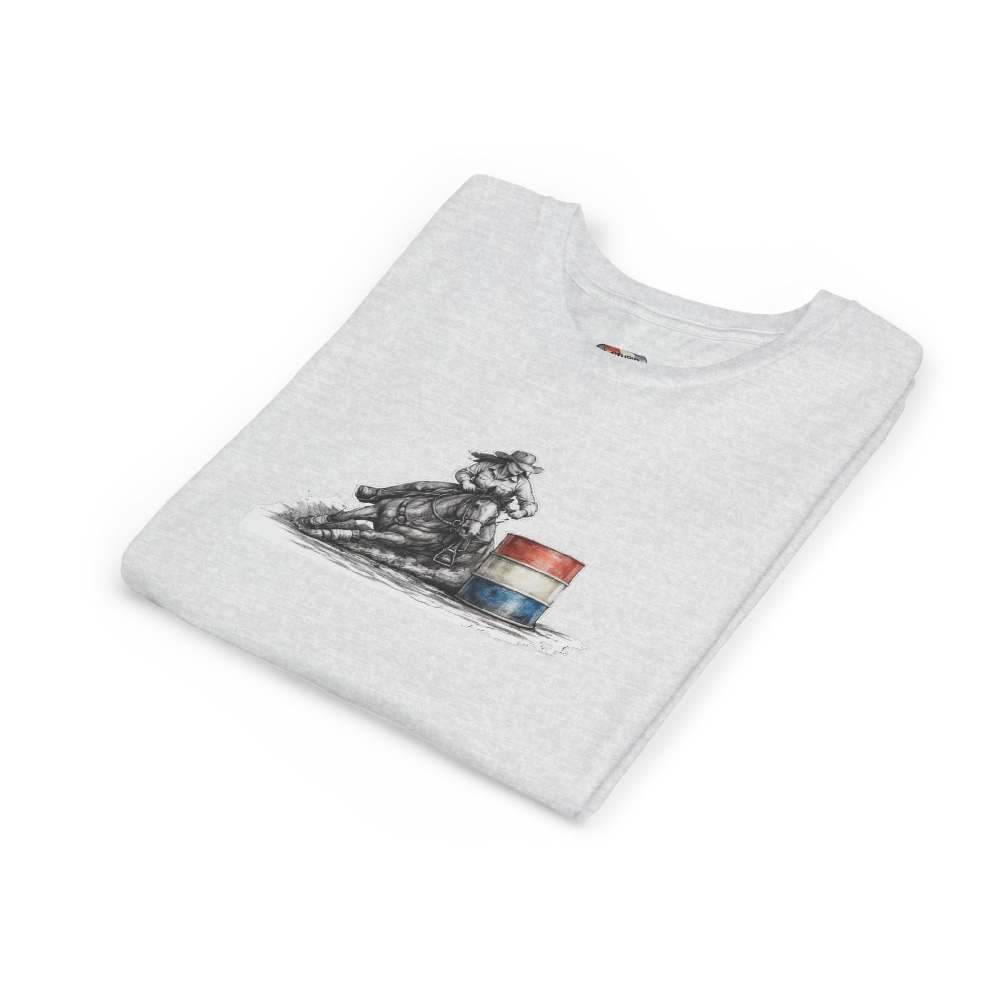 Youth Tee — Rodeo Cowgirl with Patriotic Barrel Graphic