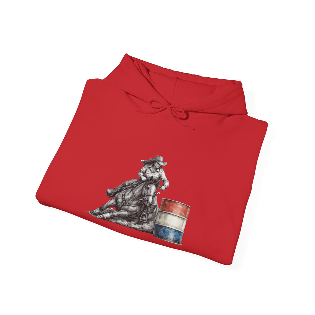 Cowgirl Barrel Racing Hoodie — Western Rodeo Pullover with 'barrels' Sleeve Text