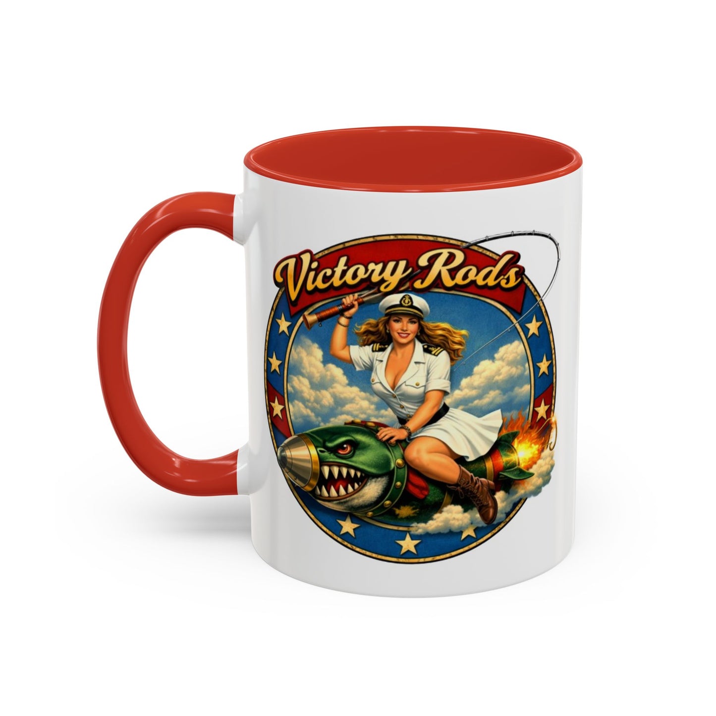 Victory Rods Sportfisherman's WWII Nose Art Pin-Up Illustration Mug | Ceramic Coffee Cup