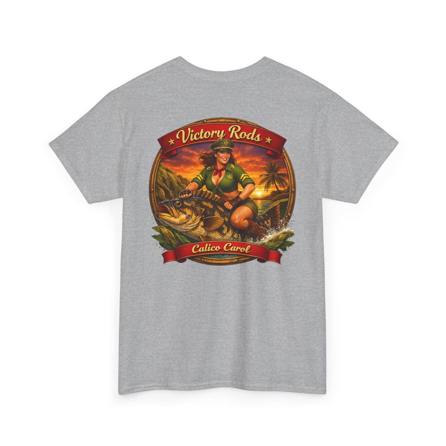 Vintage Pinup Fishing T-Shirt — “Victory Rods” Calico Carol Graphic Tee