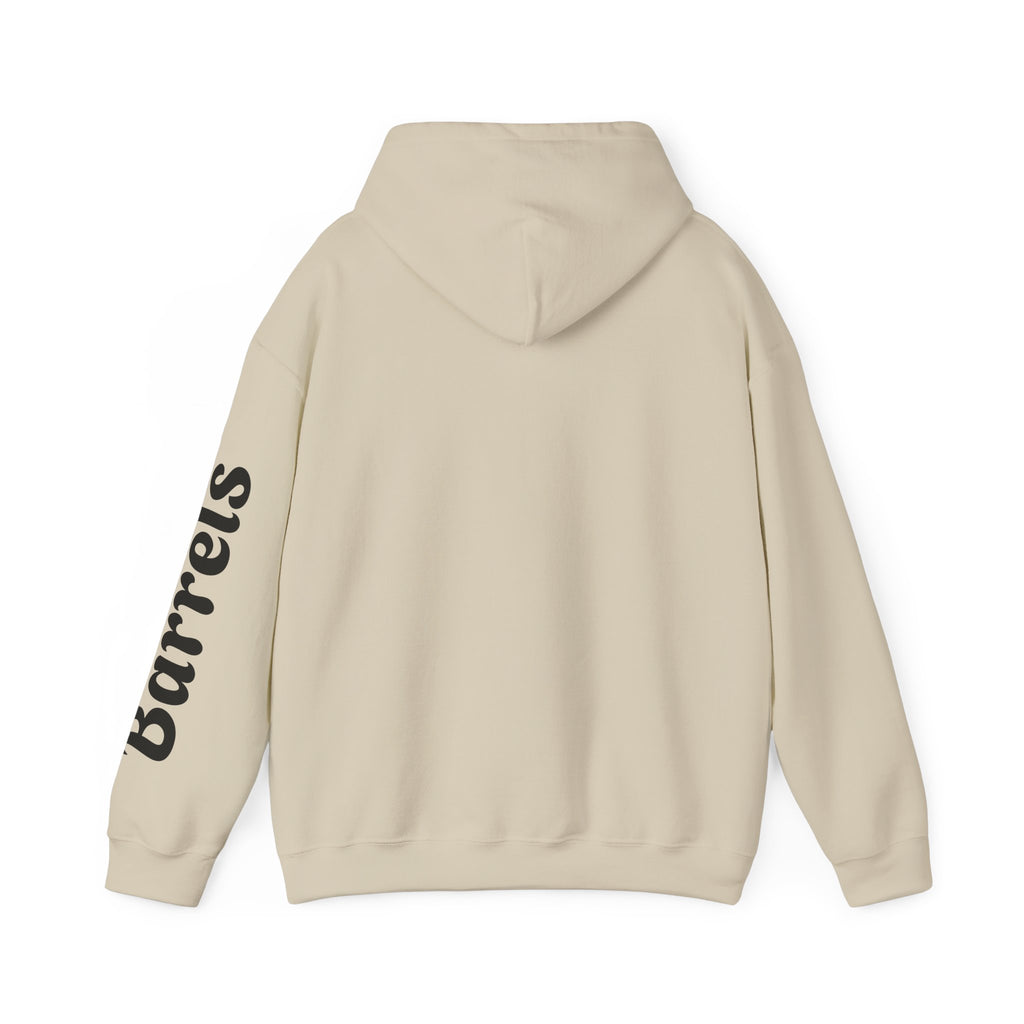 Cowgirl Barrel Racing Hoodie — Western Rodeo Pullover with 'barrels' Sleeve Text