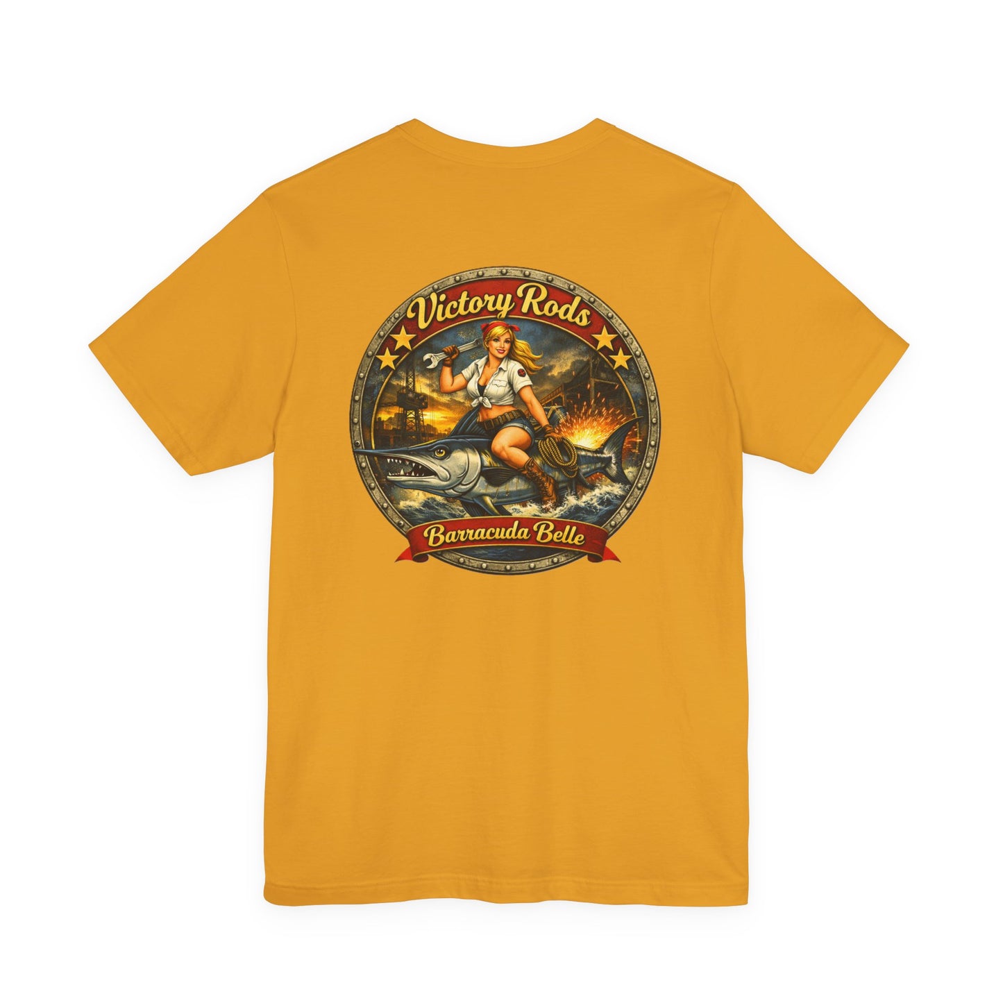 Barracuda Belle Vintage Pinup Tee — Victory Rods Motorcycle T‑Shirt