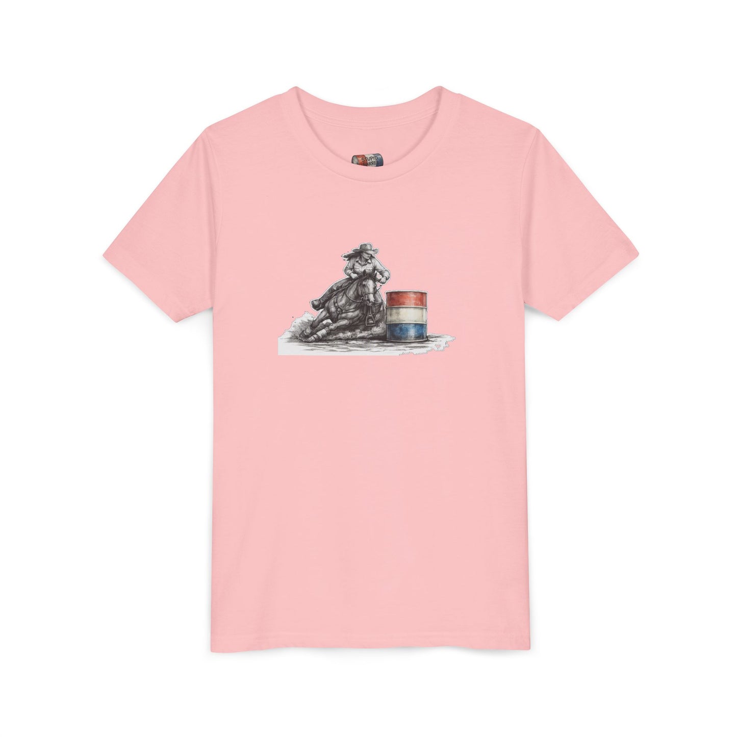 Youth Tee — Rodeo Cowgirl with Patriotic Barrel Graphic