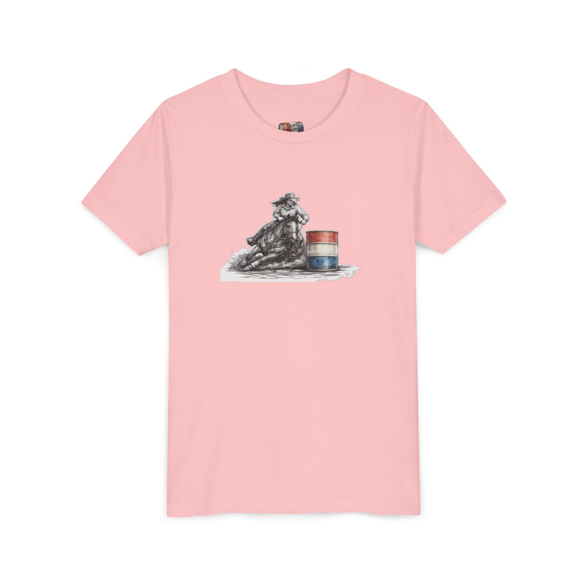 Youth Tee — Rodeo Cowgirl with Patriotic Barrel Graphic