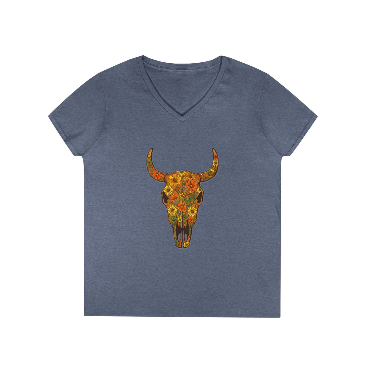 Floral Autumn Colors Bull Skull V-Neck Tee