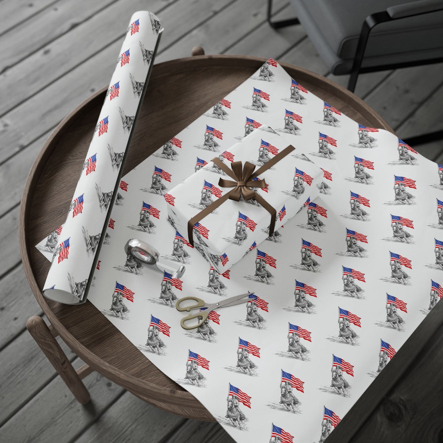 Grand Entry Cowgirl Wrapping Paper Roll — Red, White & Blue, Black Sketch Rodeo Gift Wrap