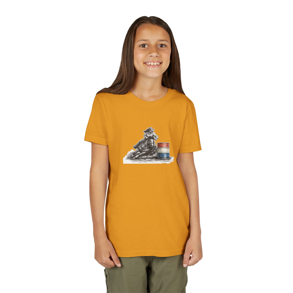 Youth Tee — Rodeo Cowgirl with Patriotic Barrel Graphic
