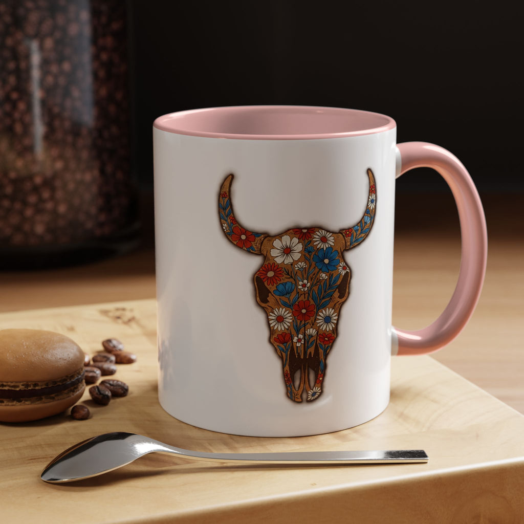 Red, White and Blue Floral Bull Skull Coffee Mug — Southwestern Accent 11/15oz