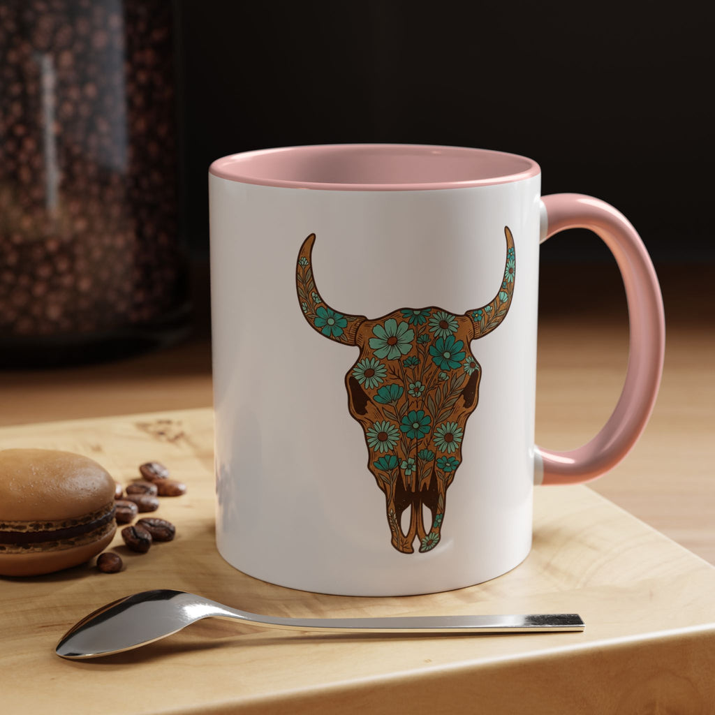 Turquoise Floral Bull Skull Coffee Mug — Southwestern Accent 11/15oz