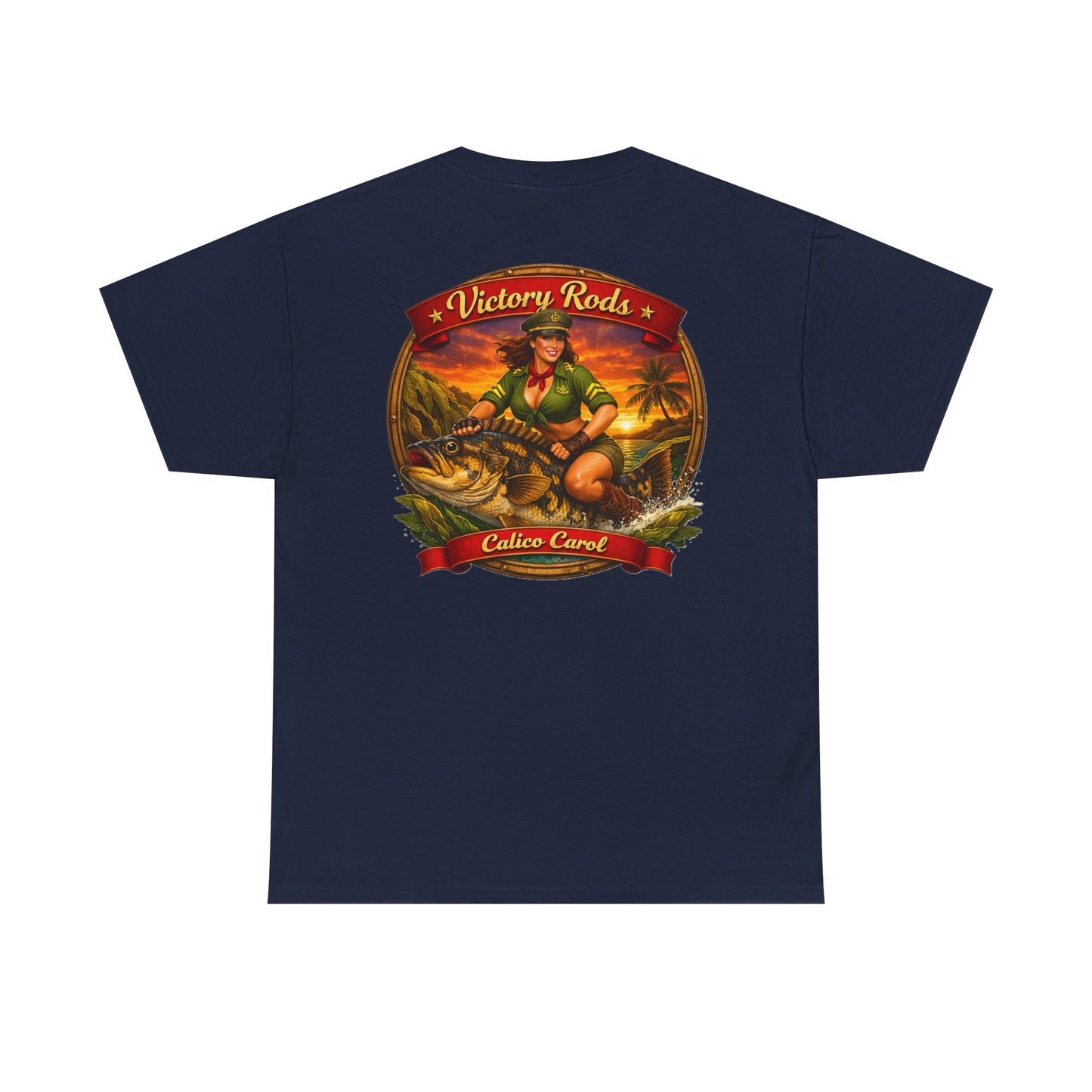 Vintage Pinup Fishing T-Shirt — “Victory Rods” Calico Carol Graphic Tee