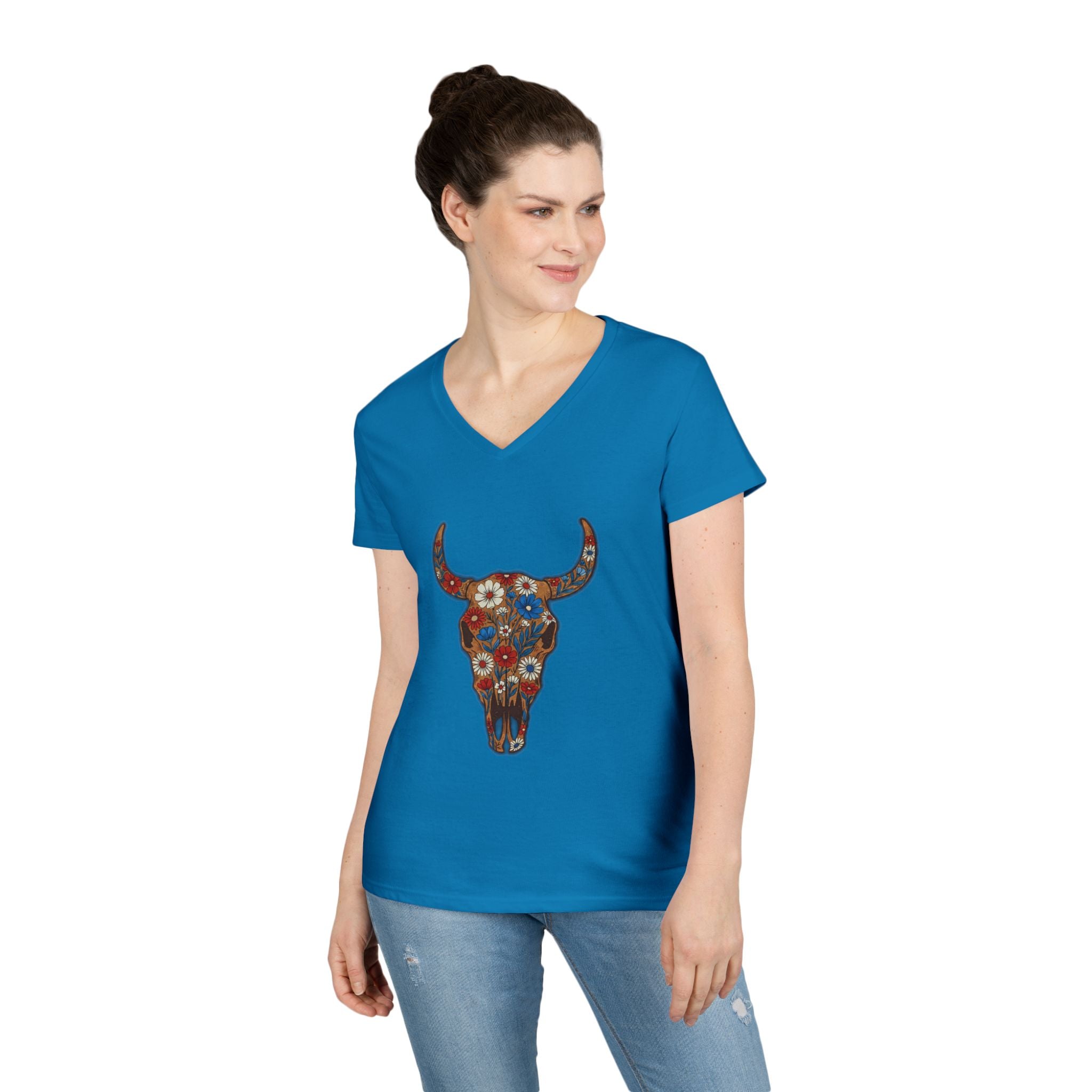 Floral Bull Skull V-Neck Tee