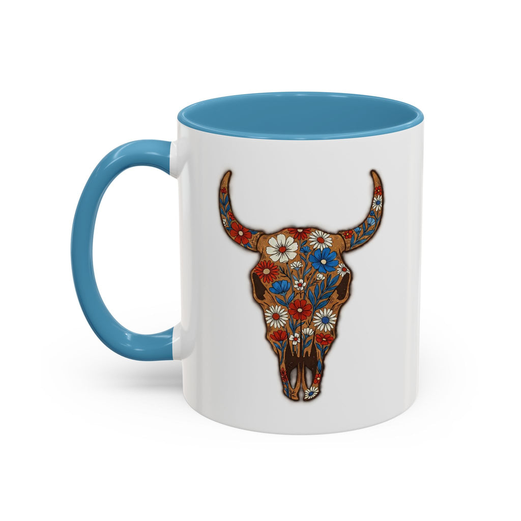 Red, White and Blue Floral Bull Skull Coffee Mug — Southwestern Accent 11/15oz