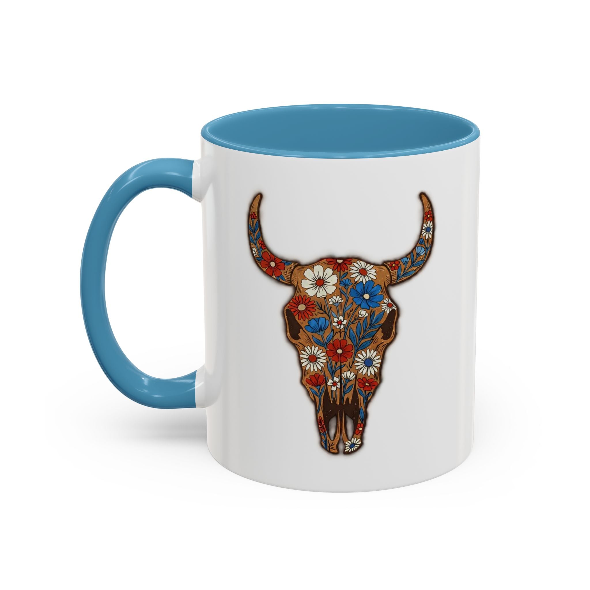Red, White and Blue Floral Bull Skull Coffee Mug — Southwestern Accent 11/15oz