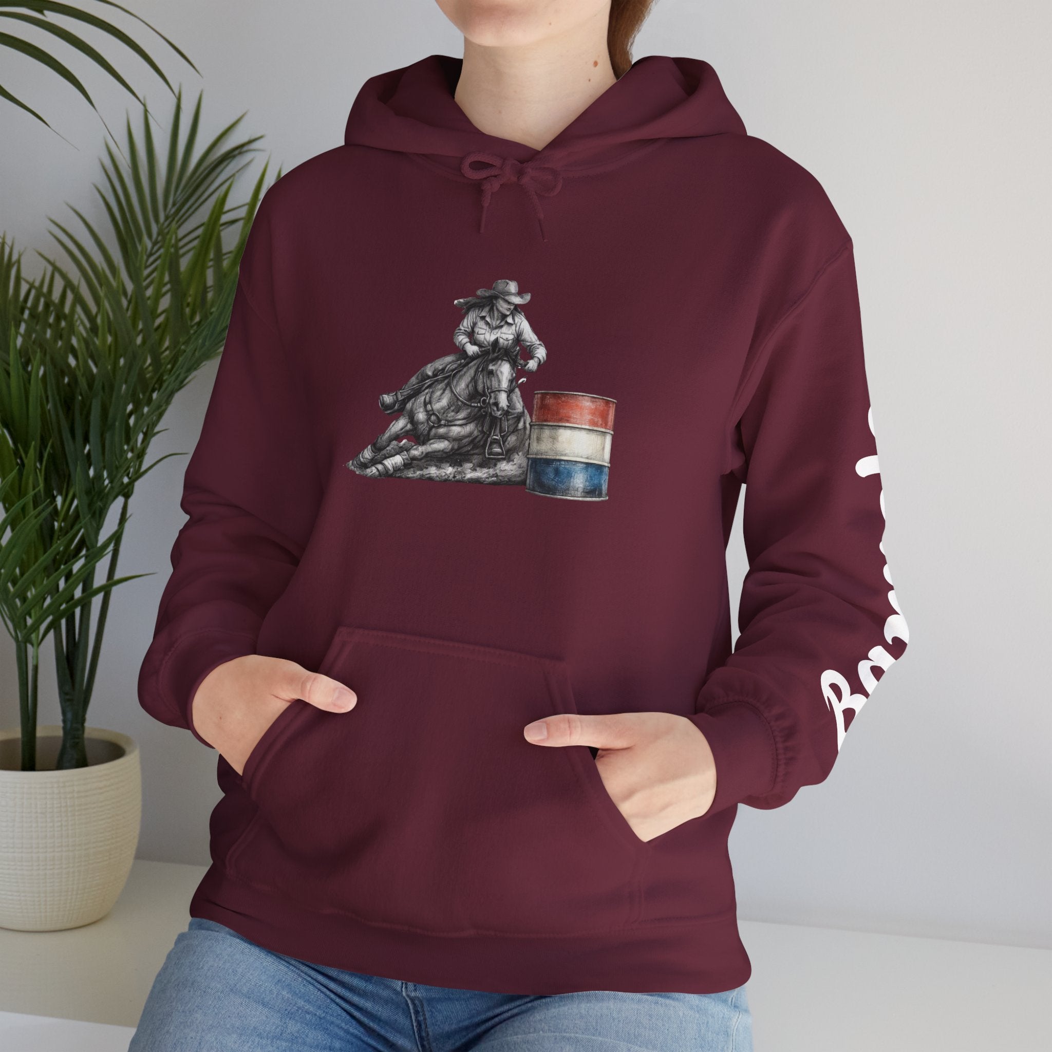 Cowgirl Barrel Racing Hoodie — Western Rodeo Pullover with 'barrels' Sleeve Text
