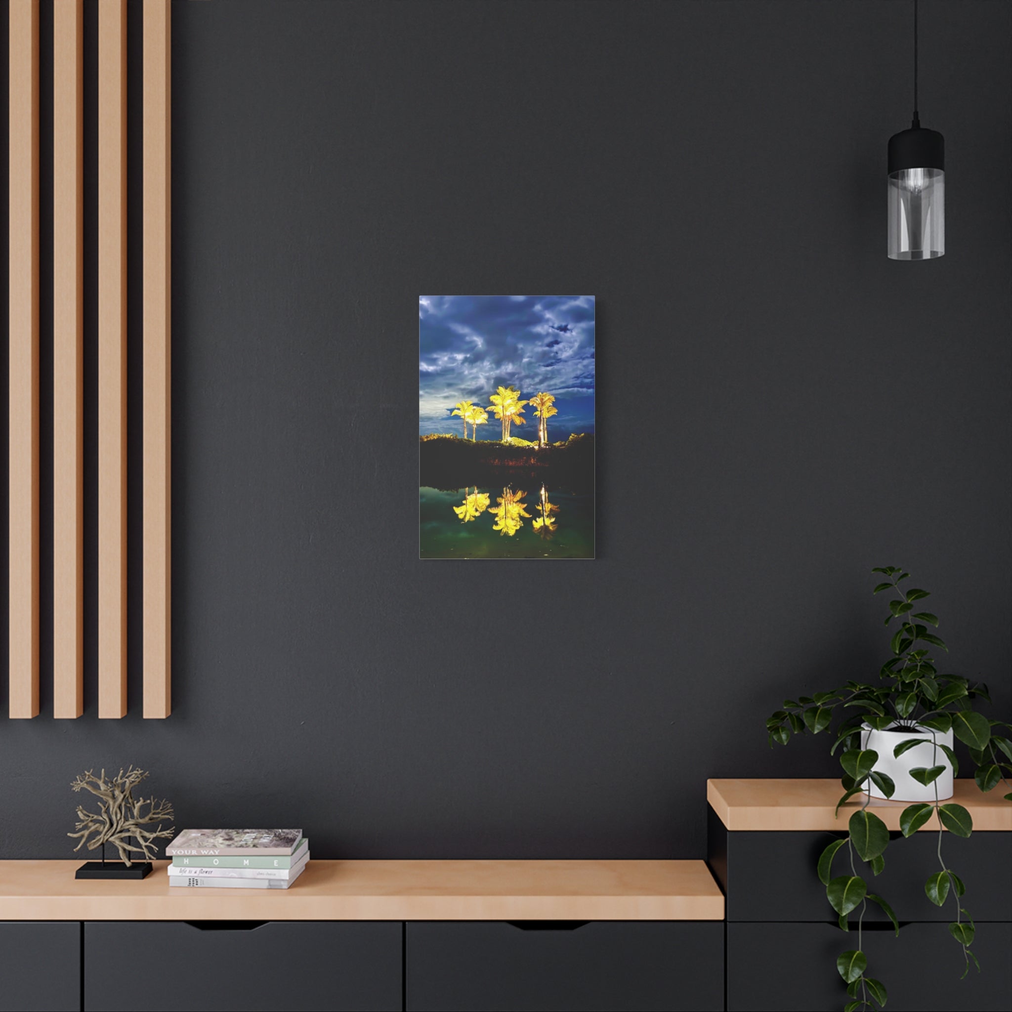 Palm Tree Reflection Matte Canvas Wall Art — Quanta Roo, Tropical Evening