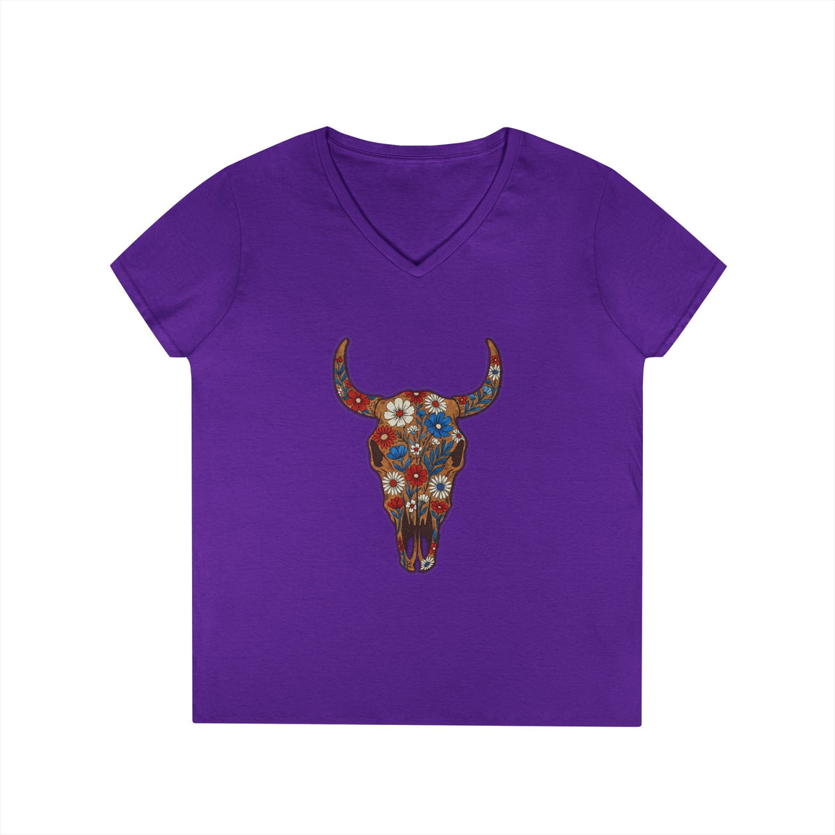 Floral Bull Skull V-Neck Tee