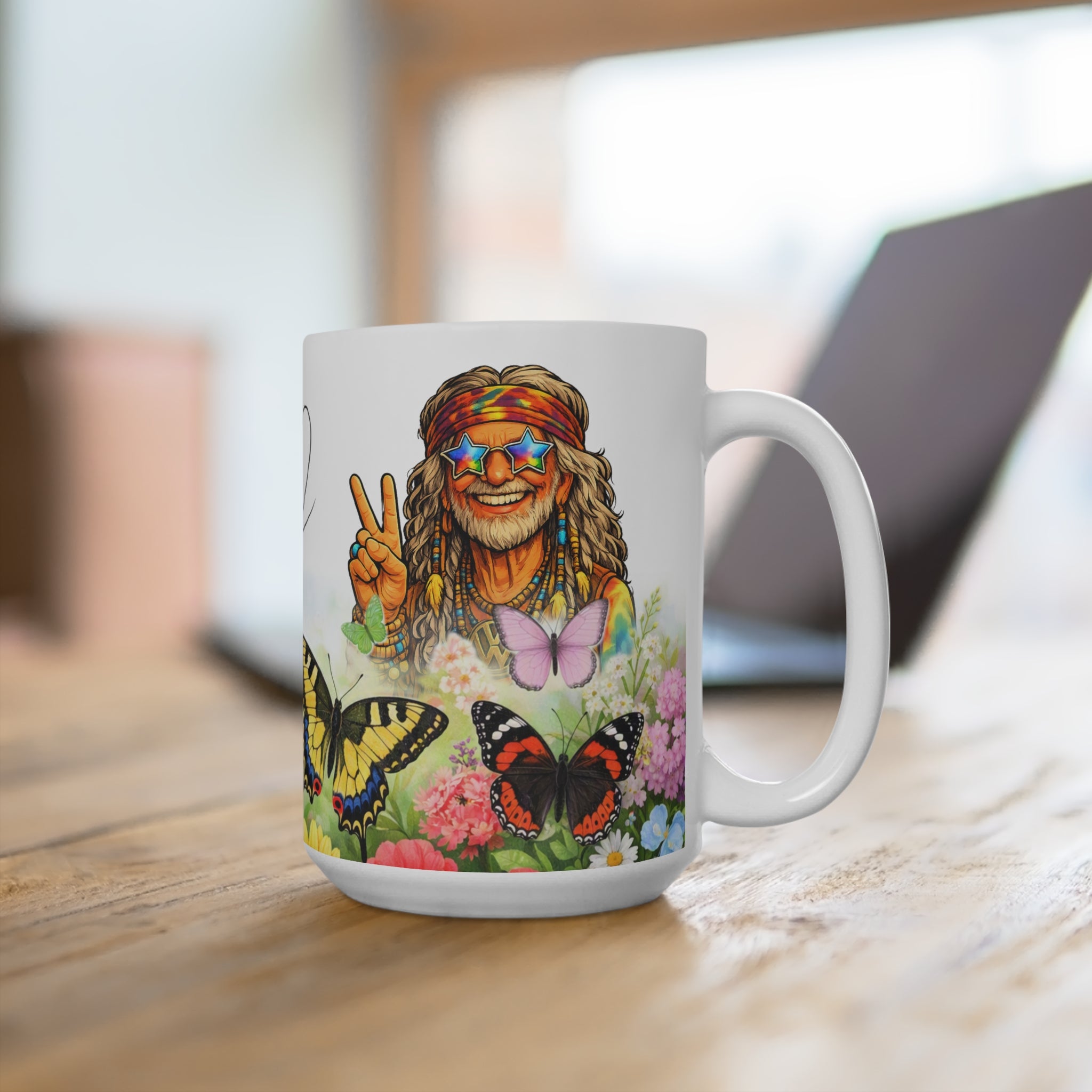 15oz Me & Ma Hippie Mug — Peace Sign, Butterflies & Flower Garden Coffee Cup