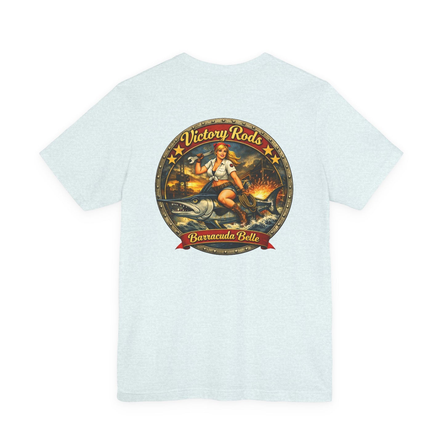 Barracuda Belle Vintage Pinup Tee — Victory Rods Motorcycle T‑Shirt