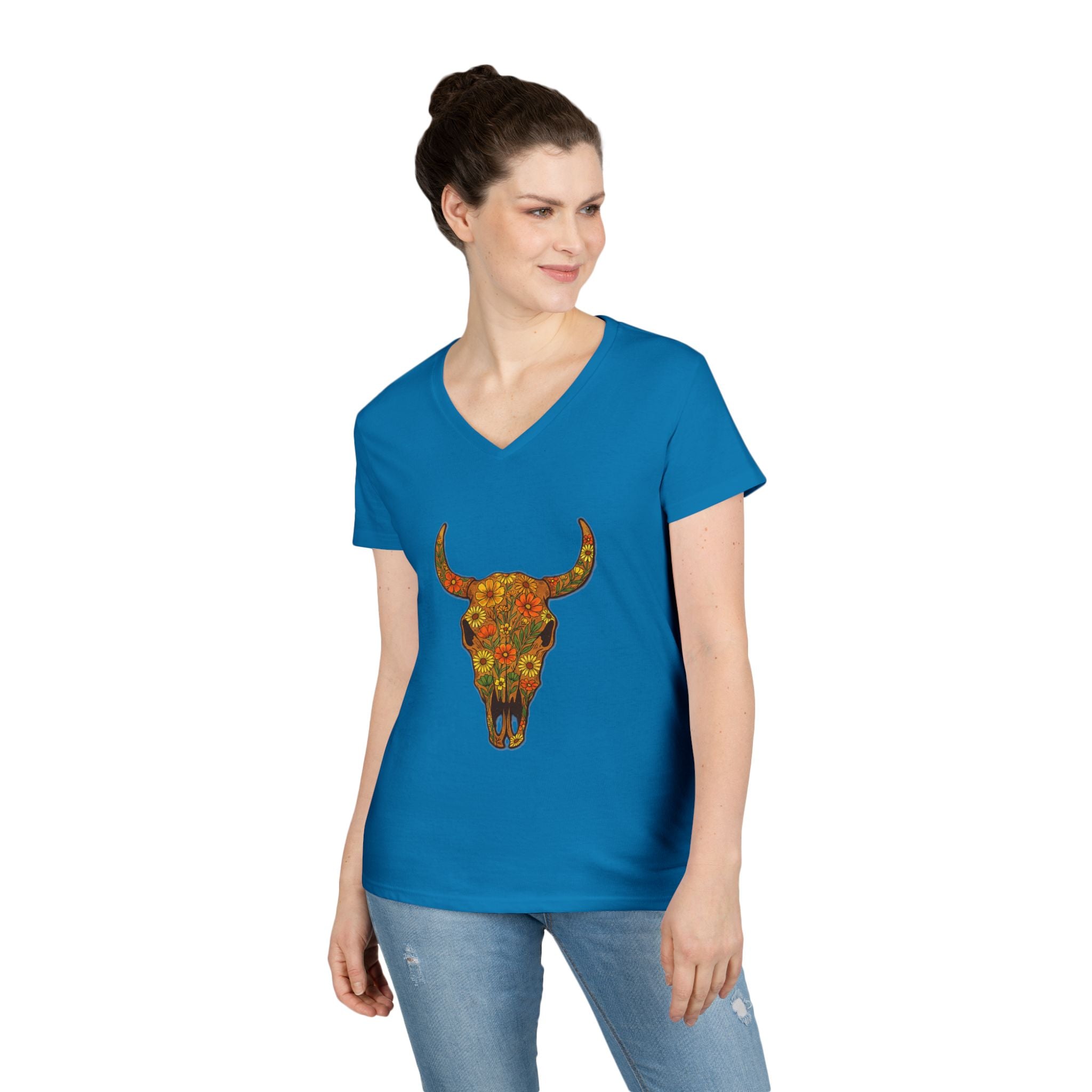 Floral Autumn Colors Bull Skull V-Neck Tee