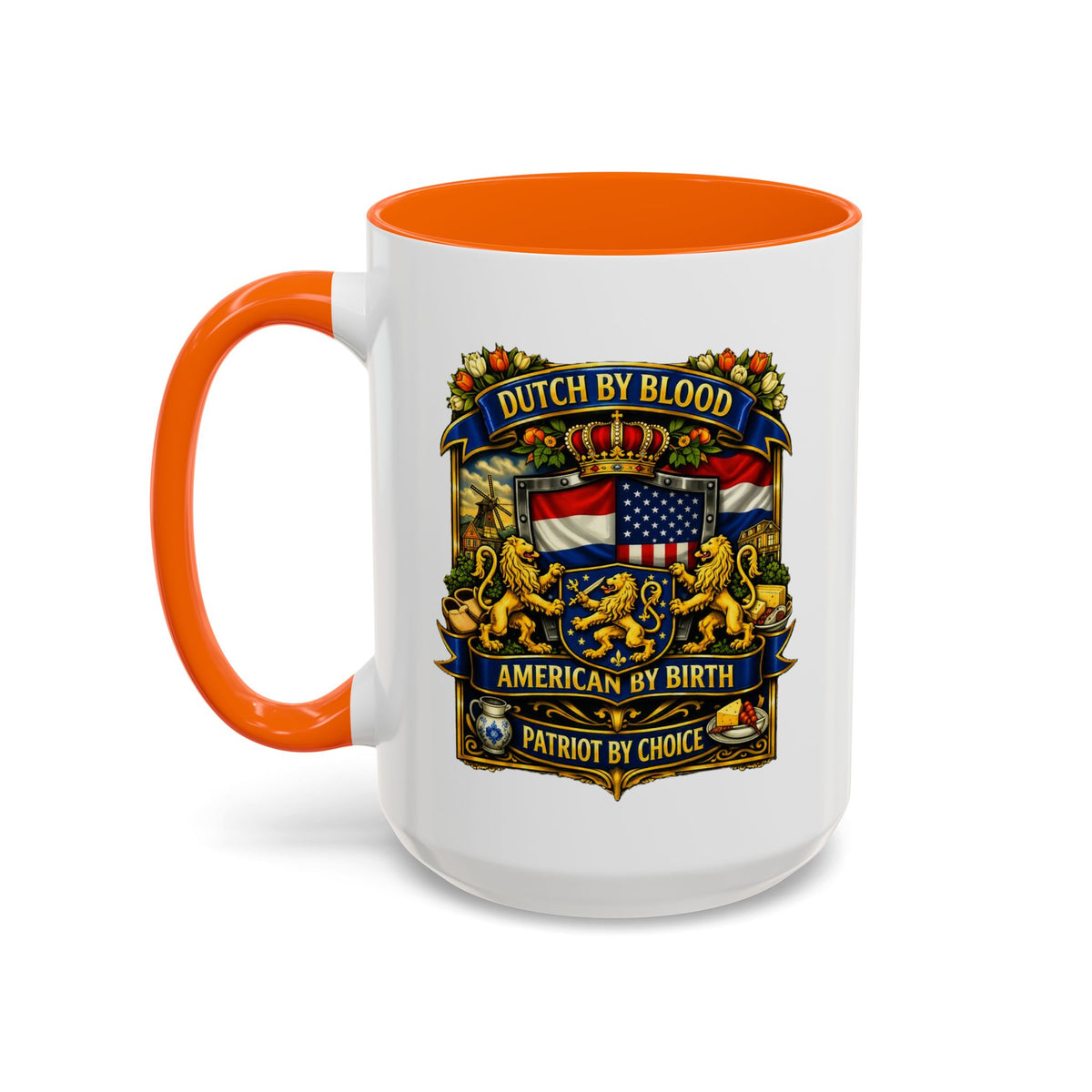 Dutch/American Pride Mug with Vintage Botanical Crest Design