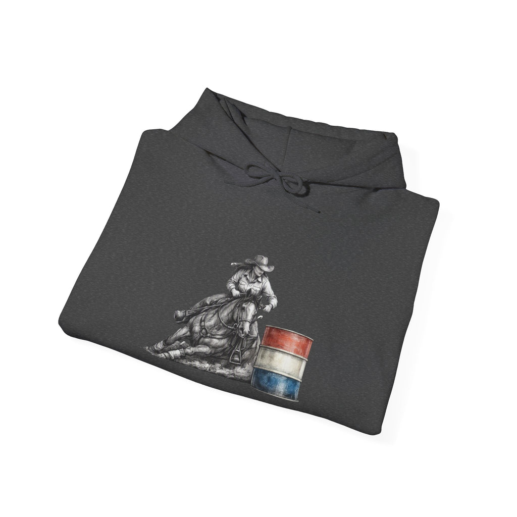 Cowgirl Barrel Racing Hoodie — Western Rodeo Pullover with 'barrels' Sleeve Text