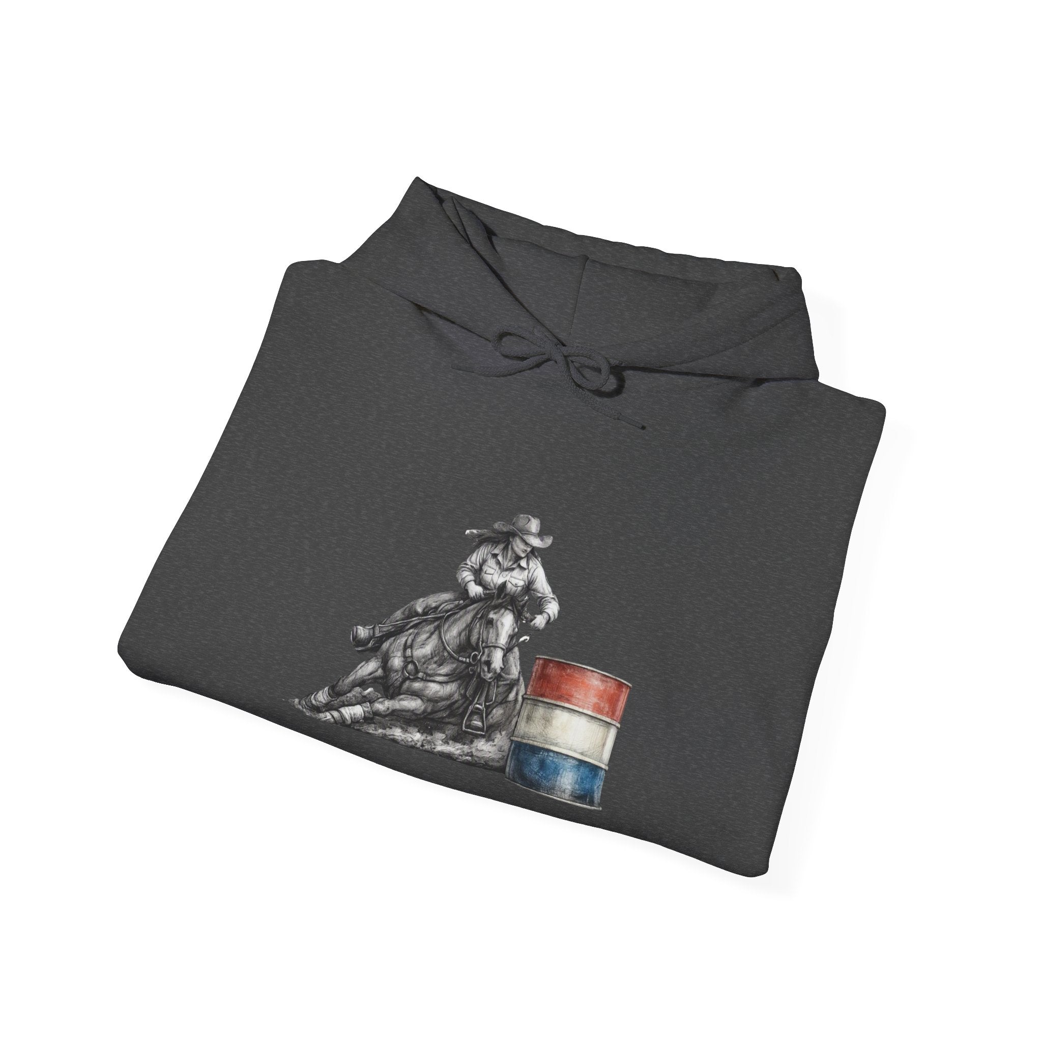 Cowgirl Barrel Racing Hoodie — Western Rodeo Pullover with 'barrels' Sleeve Text