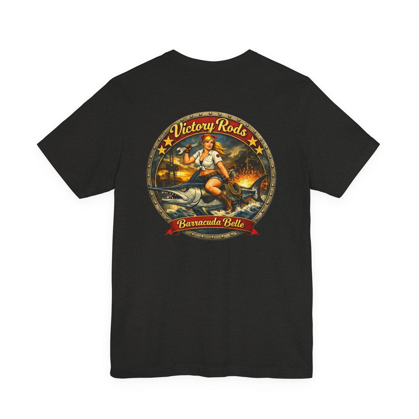 Barracuda Belle Vintage Pinup Tee — Victory Rods Motorcycle T‑Shirt