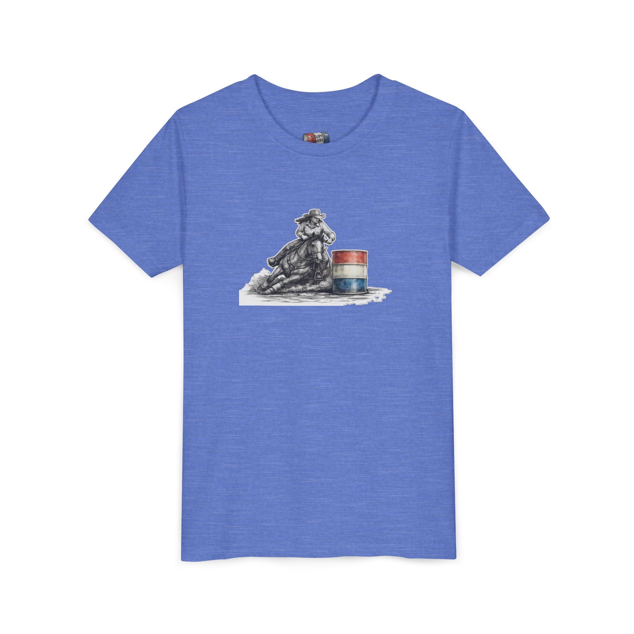 Youth Tee — Rodeo Cowgirl with Patriotic Barrel Graphic