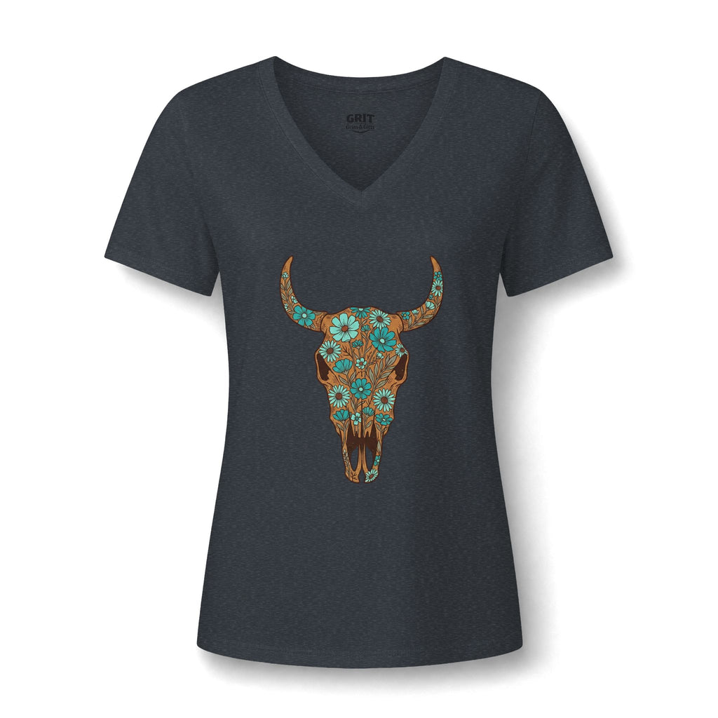 Women's V-Neck Tee — Floral Turquoise Bull Skull Graphic