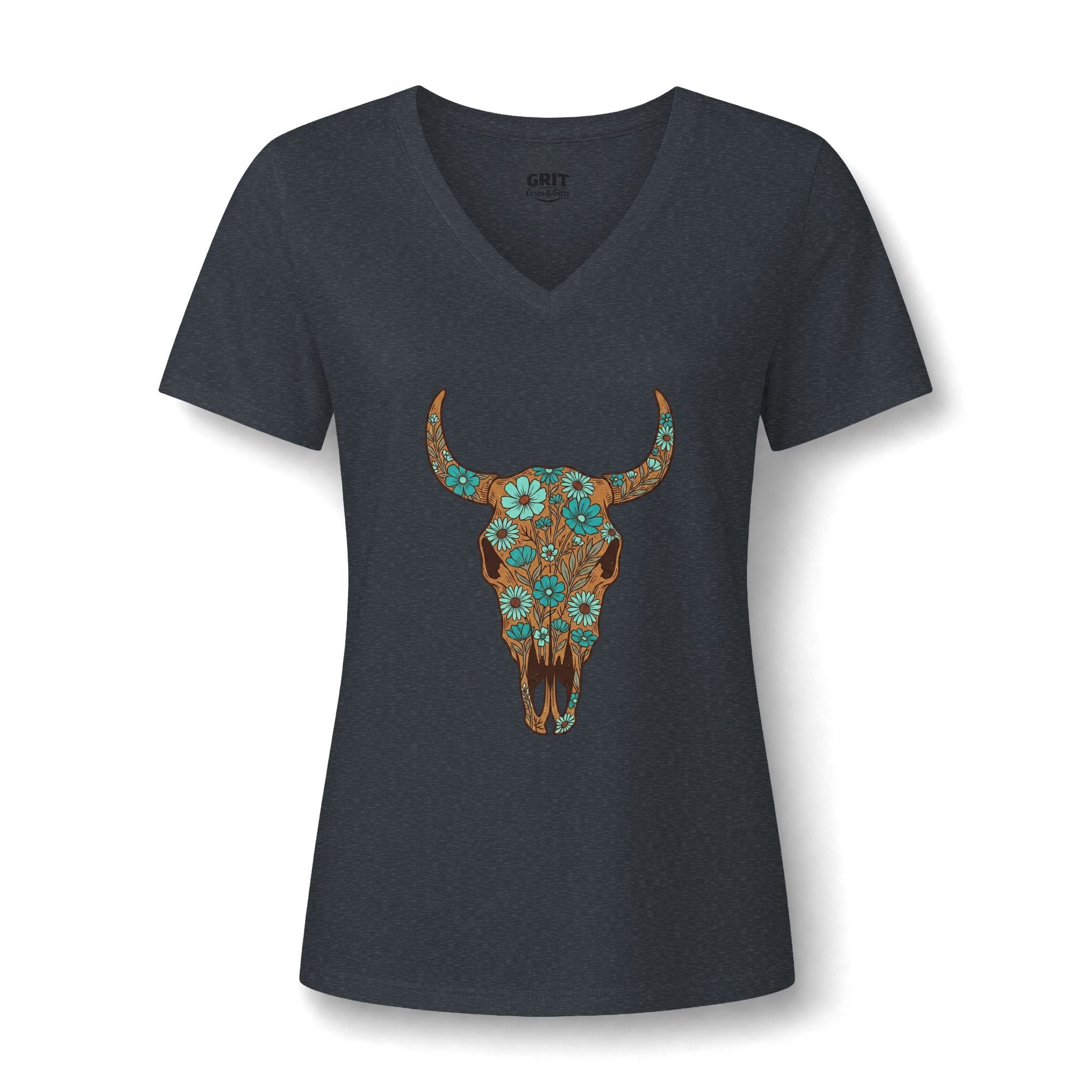 Women's V-Neck Tee — Floral Turquoise Bull Skull Graphic