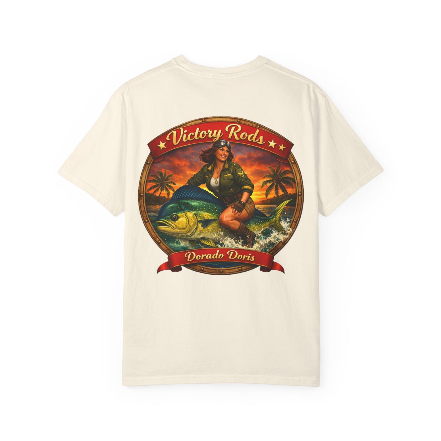 Victory Rods "Dorado Doris" Fishing T-Shirt — Retro Pinup Angler Tee