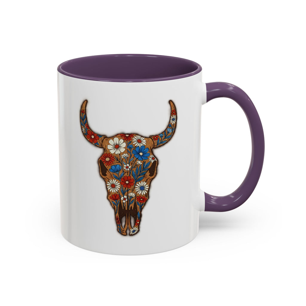 Red, White and Blue Floral Bull Skull Coffee Mug — Southwestern Accent 11/15oz
