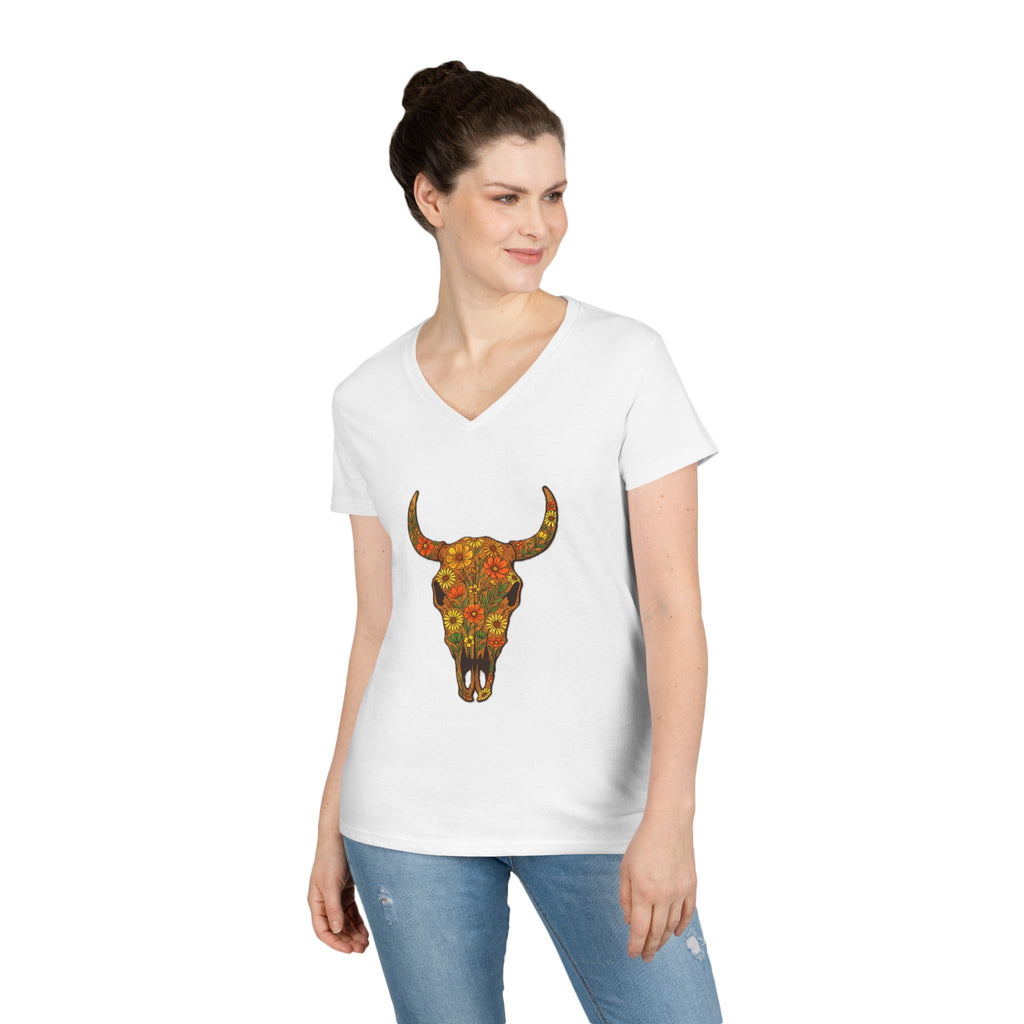 Floral Autumn Colors Bull Skull V-Neck Tee
