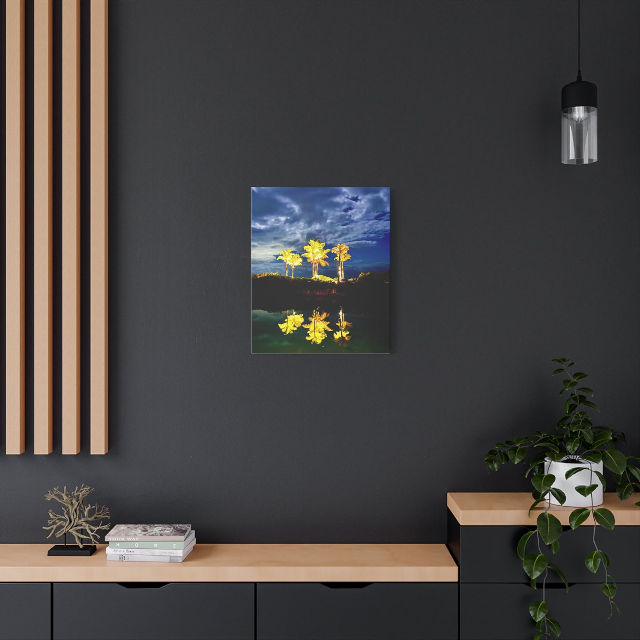 Palm Tree Reflection Matte Canvas Wall Art — Quanta Roo, Tropical Evening
