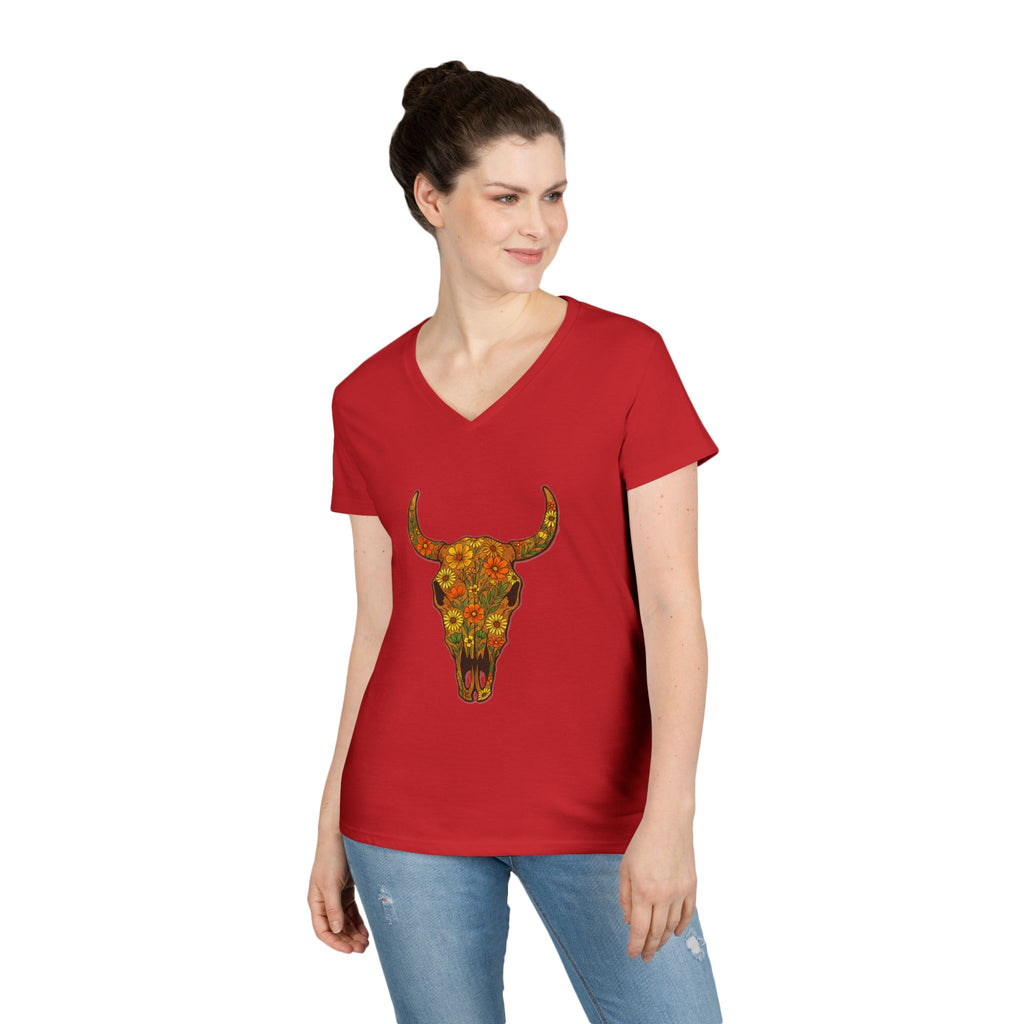 Floral Autumn Colors Bull Skull V-Neck Tee