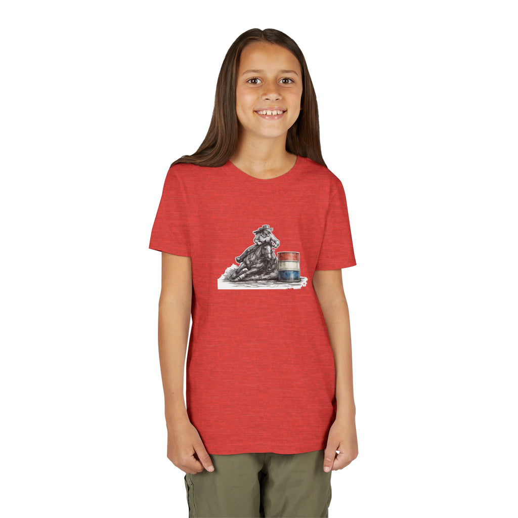 Youth Tee — Rodeo Cowgirl with Patriotic Barrel Graphic