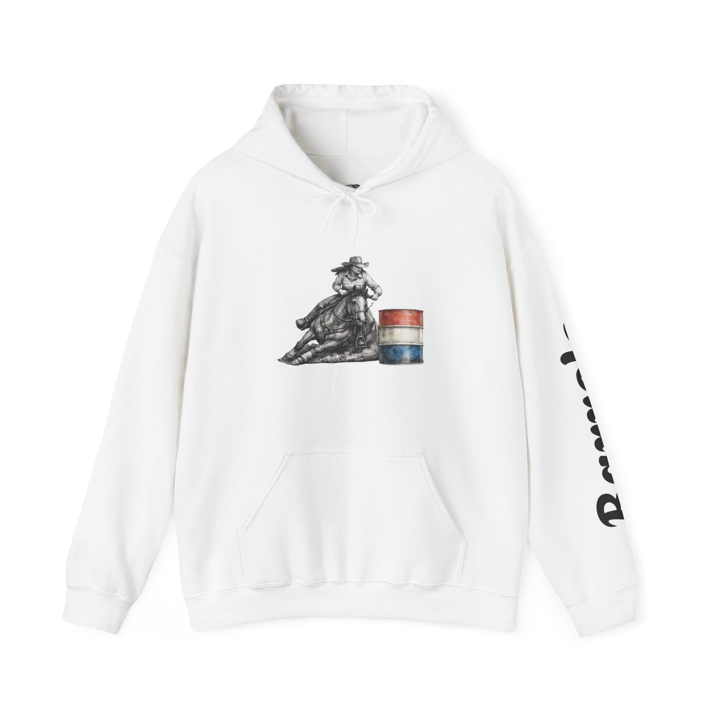 Cowboy Barrel Racing Hoodie — Western Rodeo Pullover with 'barrels' Sleeve Text
