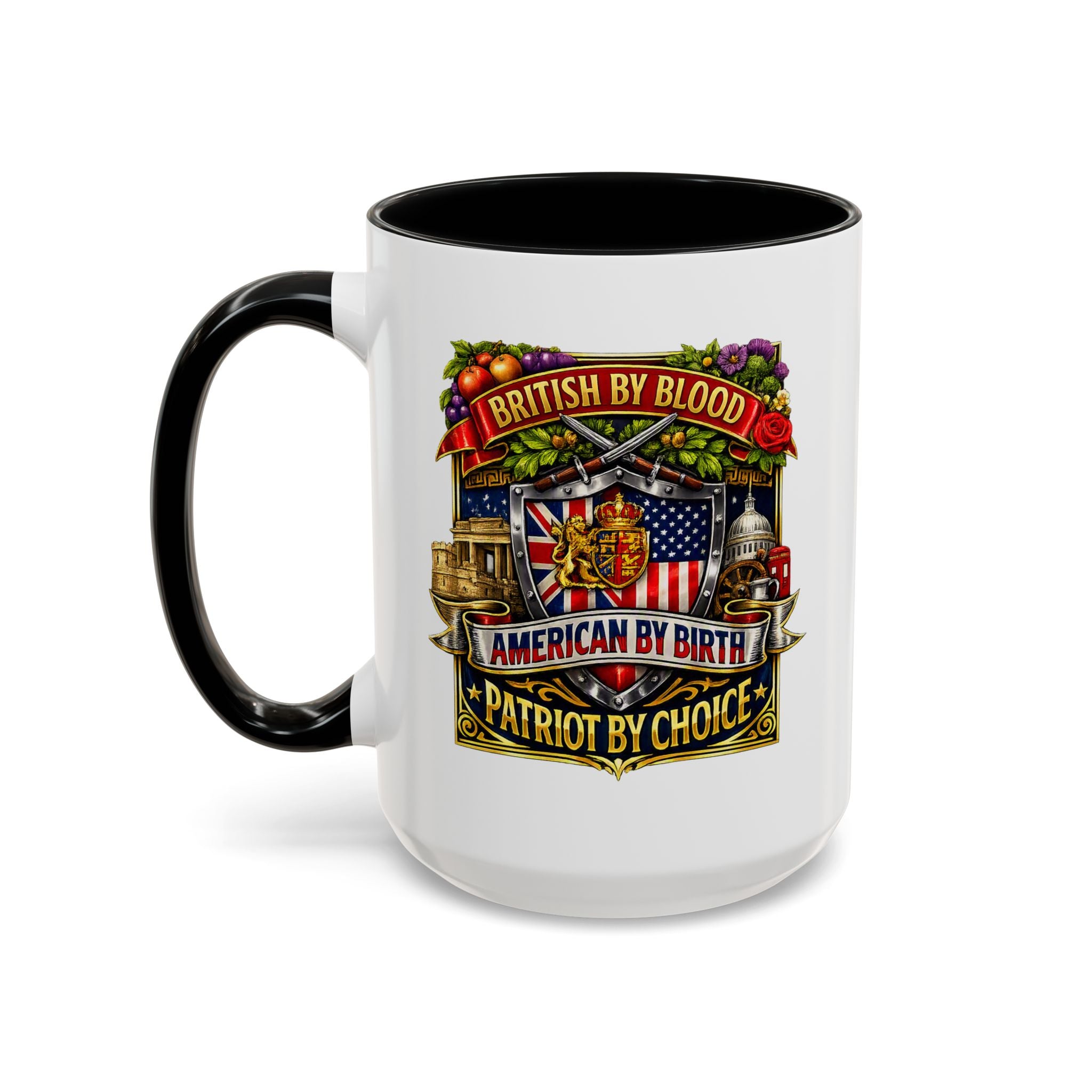 British Pride Coffee Mug — "British by Blood, American by Birth, Patriot by Choice" Patriotic Ceramic Mug