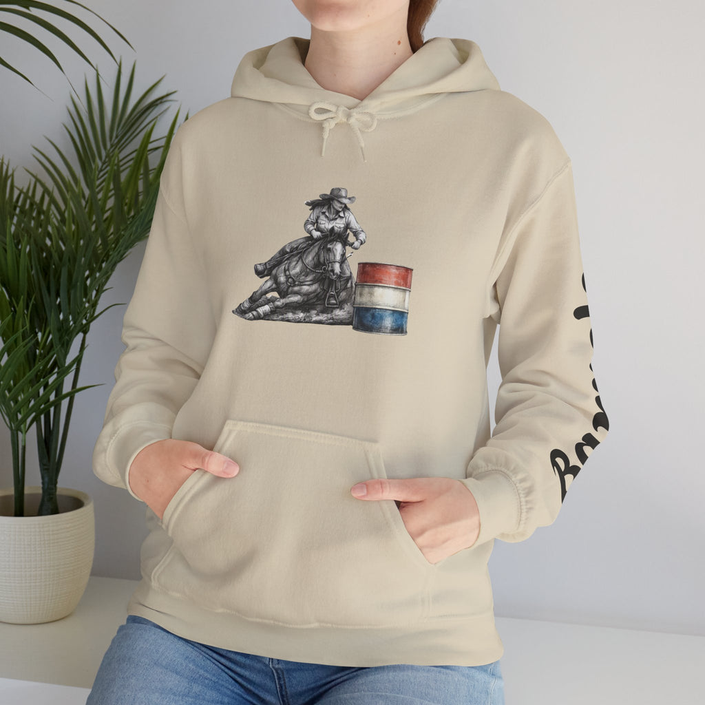 Cowgirl Barrel Racing Hoodie — Western Rodeo Pullover with 'barrels' Sleeve Text