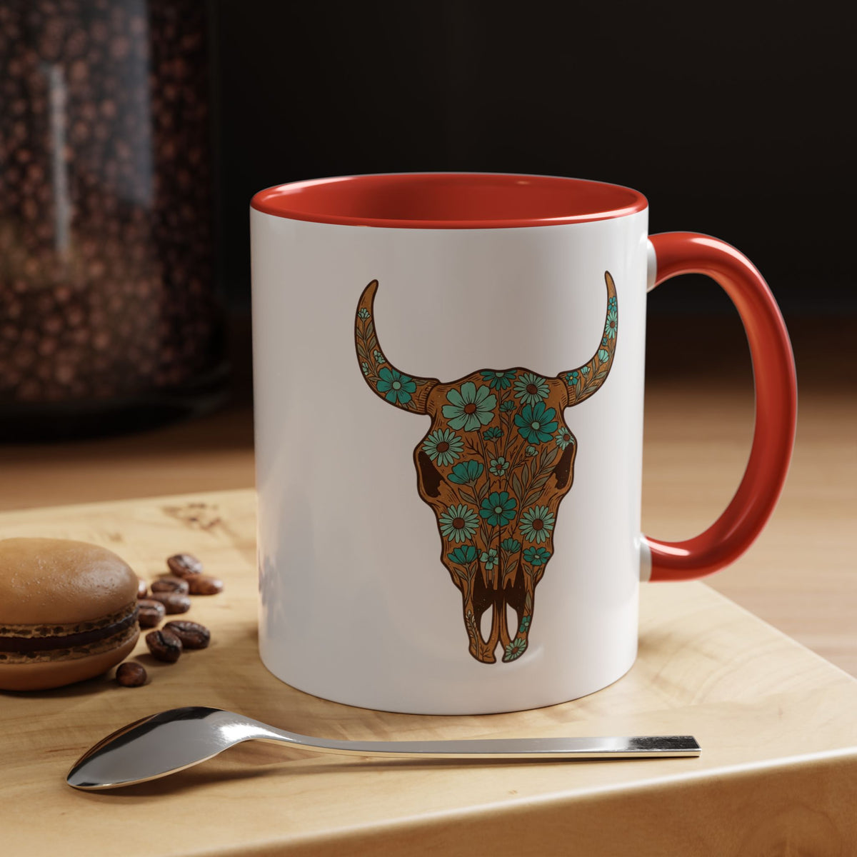 Turquoise Floral Bull Skull Coffee Mug — Southwestern Accent 11/15oz