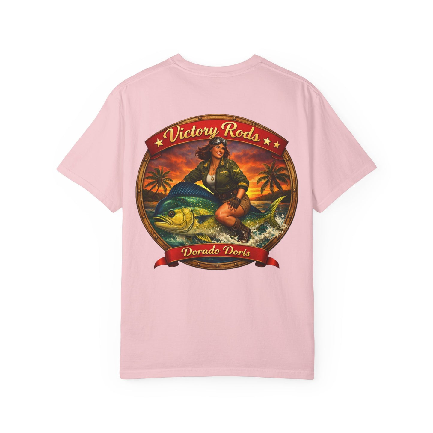 Victory Rods "Dorado Doris" Fishing T-Shirt — Retro Pinup Angler Tee